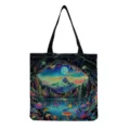 Psychedelische Pilzdruck Leinen Umhängetasche, lässige Handtasche für den täglichen Einkauf. - Fantasie Berg Pilz Schmetterling Stil (hmk2923)