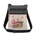 Canvas crossbody bag detail showing black white stripes and cute owl pink print. - Owl Printed Style (xk4321)