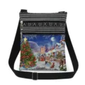 Close up detail of double zippers, adjustable strap, and festive Christmas snow print. - Colorful Christmas Snow Scene Print Style (xk5818)