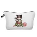Portable white cosmetic makeup bag with cute kitten and flower print travel storage pouch - Cat Flower White Style (hz2981)