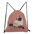 Cute cat print drawstring bag casual canvas backpack for daily storage and shopping use - Pink Cat & Yarn Ball Style (sk3554)