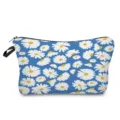 Blue daisy floral print makeup pouch portable cosmetic bag zipper travel organizer case - Blue Base White and Yellow Flower Print (hz5197)