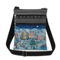 Christmas print crossbody bag detail showing double zipper pockets and adjustable black strap. - Christmas Village Sign Print Style (xk5820)