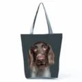 Close-up detail of cute dog print on dark grey fabric tote bag, ideal for casual daily use. - Dark Grey Funny Open-mouth Dog Print (hl7379)