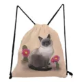 Cute cartoon cat print drawstring bag, creative animal design casual storage shoulder daily use. - Khaki Siamese Cat & Cactus Style (sk3558)