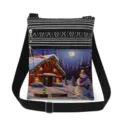 Christmas printed crossbody bag with double zippers and adjustable black shoulder strap. - Christmas Snow Illustration Print Style (xk5822)