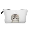 Detail view of portable white cosmetic bag featuring cute cat print and secure zipper closure. - Watercolor Fold Cat Meow (hz2985)
