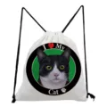Cute black and white cat graphic drawstring backpack, casual daily canvas storage shopping bag. - White B&W Cat Face Ring Style (sk3559)