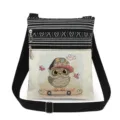 Detailed view of the cute owl printed canvas crossbody bag featuring adjustable black strap and dual zippers. - Owl Printed Style (xk4326)