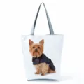 Detailed close-up view of the cute Yorkshire terrier dog print white canvas shoulder tote bag - White Background Yorkshire Terrier Print (hl7383)