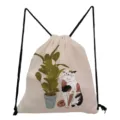 Detailed view of the cute cat and plant print drawstring backpack, perfect for daily casual use. - Beige Plant & Calico Cat Illustration (sk3560)