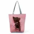Chic pink tote bag featuring a 3D cute brown puppy print and sturdy grey straps. - Pink 3D Torn Effect Dog with Pearl Necklace Print (hl7385)