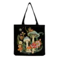 Sac cabas noir en toile avec imprimé botanique vintage champignons fleurs style quotidien. - Style Illustration Scientifique Botanique Vintage Noir (hmk2926)