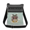 Cute owl print crossbody bag detail, double zipper compartments, and adjustable black strap. - Owl Printed Style (xk4329)