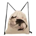 Cute cat print drawstring backpack casual canvas daily storage shoulder bag for daily use - Beige Sleeping Cat & Pink Rose (sk3562)
