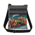 Christmas printed crossbody bag with black white stripes, double zippers and adjustable strap. - Santa Claus and Small Train Print (xk5826)