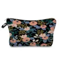 Floral print cosmetic bag, black makeup pouch with zipper and wristlet strap for travel. - Black Base Pink Floral and Blue-Green Leaf Print (hz5206)