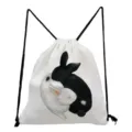 Cute black and white rabbits print canvas drawstring backpack casual daily shoulder bag for women. - White B&W Sleeping Bunnies Style (sk3563)