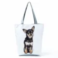 Chihuahua dog print white canvas tote bag, detailed view of daily travel shoulder handbag. - White Chihuahua Print Style (hl7388)