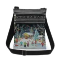 Close-up detail of the Christmas winter scene print and double zippers on the canvas bag. - Christmas Character Snow Illustration Print (xk5827)