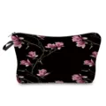 Floral print cosmetic bag detail view, black and pink makeup pouch for travel and storage. - Black Base Pinkish Purple Magnolia Floral Print (hz5207)