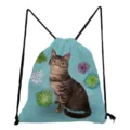Cute cat print drawstring bag casual canvas backpack travel daily storage shopping handbag - Blue Tabby Cat & Succulent Style (sk3564)