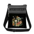 Canvas crossbody bag with retro mushroom botanical print, black and white woven strap. - Vintage Mushroom & Plant Illustration (xkk2926)