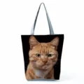 Detailed view of large capacity canvas tote bag featuring realistic orange cat print design. - Orange Cat Print (hl5090)