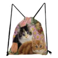 Cute cat floral print drawstring backpack casual canvas shoulder bag large capacity pouch - Rural Two Cats Garden Style (sk2858)