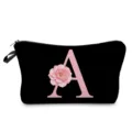 Bolsa de maquillaje negra con letra A rosa y elegante estampado floral de acuarela. - Estilo Letras A Flores Rosas Fondo Negro