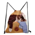 Cute cat print drawstring backpack, casual daily canvas pocket bag for women and girls. - Sleeping Cat on Drawer Style (sk2859)