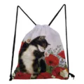 Cat print drawstring backpack cute floral shoulder bag casual daypack storage bag - Black White Cat Red Flower Style (sk2860)