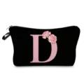 Bolsa de maquillaje negra con estampado de letras florales rosa D, estuche elegante. - Estilo Letras D Flores Rosas Fondo Negro