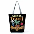Detailed view of the teacher theme printed canvas tote bag, featuring clear colorful graphic. - Style Three (hl5391)