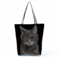 Black tote bag with cute grey cat print, large capacity casual shoulder bag for daily use. - Grey Cat Print (hl5093)