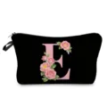 Bolsa de maquillaje negra con diseño de letras florales rosas, ideal para el uso diario. - Estilo Letras E Flores Rosas Fondo Negro