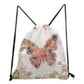 Close-up view of the floral butterfly print drawstring backpack, showing fabric and pattern details. - Pink Rose Floral Butterfly Style (skk0434) / White