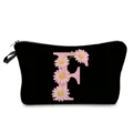 Bolsa de maquillaje negra con estampado floral de letra F, estuche con cremallera ligero. - Estilo Letras F Flores Rosas Fondo Negro
