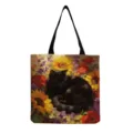 Borsa shopper in tela con gatto nero e stampa di pittura a olio floreale, ecologica e riutilizzabile. - Stile Fiori Abbondanti Dipinto Gatto (hmk2859)