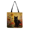 Vista dettagliata della borsa in tela con stampa artistica di gatto nero e girasoli. - Stile Dipinto Vintage Gatto Girasole (hmk2860)