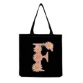 Sac cabas en toile noir avec impression de lettre F florale rose, pliable et lavable. - Style Lettre F (hmk2867)