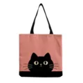Borsa shopper in tela con gatto nero carino e sfondo rosa, elegante borsa casual per donna. - Stile Rosa Nero Carino Avatar Gatto (hmk2861)
