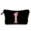 Bolsa de maquillaje negra con letra I rosa y estampado de cerezo, estuche con cremallera práctico. - Estilo Letras I Flores Rosas Fondo Negro