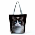 Large capacity cat print canvas tote bag, casual shoulder handbag for travel and daily use. - Blue-Eyed Cat Print (hl5100)