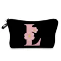 Bolsa cosmetica de maquillaje negra con letra L rosa estampado floral estuche de almacenamiento - Estilo Letras L Flores Rosas Fondo Negro