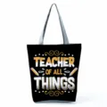 Canvas tote bag detail featuring teacher theme graphic print and durable double handles. - Style Fourteen (hl5402)