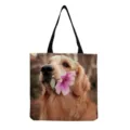 Τσάντα tote από καμβά με εκτύπωση χρυσού retriever σκύλου και λουλουδιού, casual τσάντα ώμου. - Μοτίβο Γκόλντεν Ριτρίβερ με Ροζ Λουλούδι (hm7437)