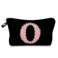 Bolsa de maquillaje negra con estampado de letra O y flores rosas, estuche con cremallera. - Estilo Letras O Flores Rosas Fondo Negro
