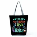 Teacher tote bag detail, black canvas shoulder bag with lovely education typography print. - Style Sixteen (hl5404)