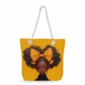 Sac cabas en toile avec impression stylisée de fille noire, grand sac porté épaule. - Fille au Nœud Jaune (msk3508)